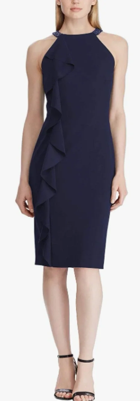Lauren Ralph Lauren Navy Blue Beaded Halter Ruffle Sheath Dress Size 6